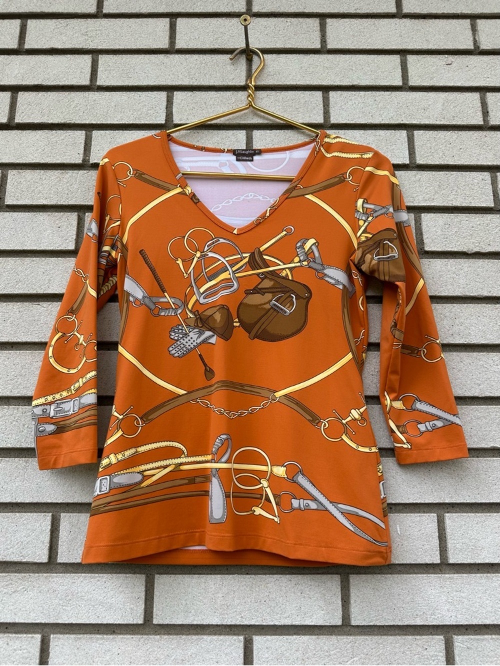 J.McLaughlin Equestrian Bridle Top Orange Catalina Cloth V-Neck 3/4 Sleeve XS